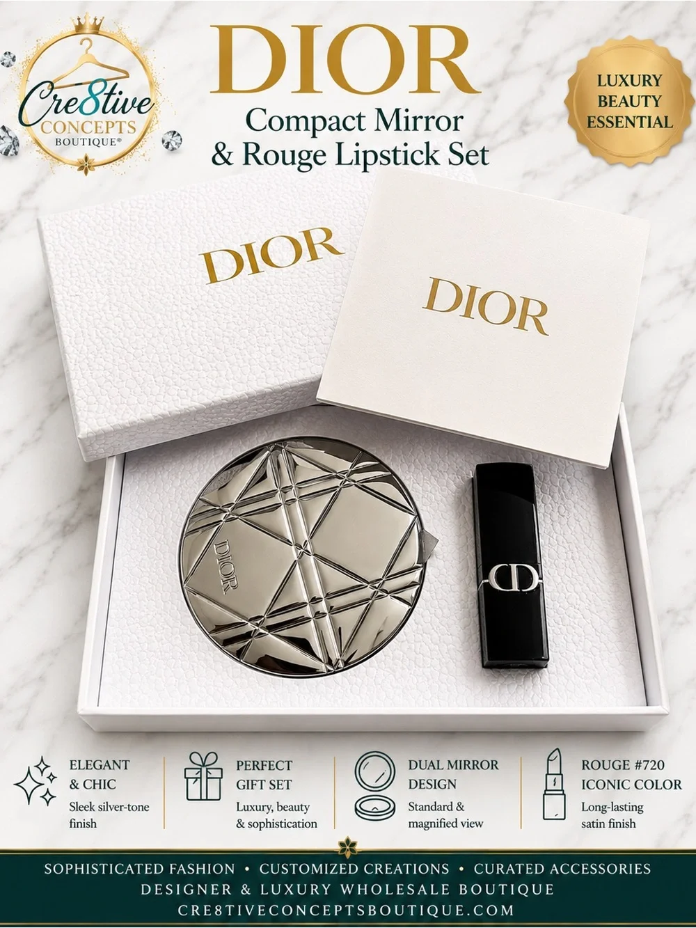 Dior Compact Mirror & Rouge #720 Lipstick Luxury Gift Set
